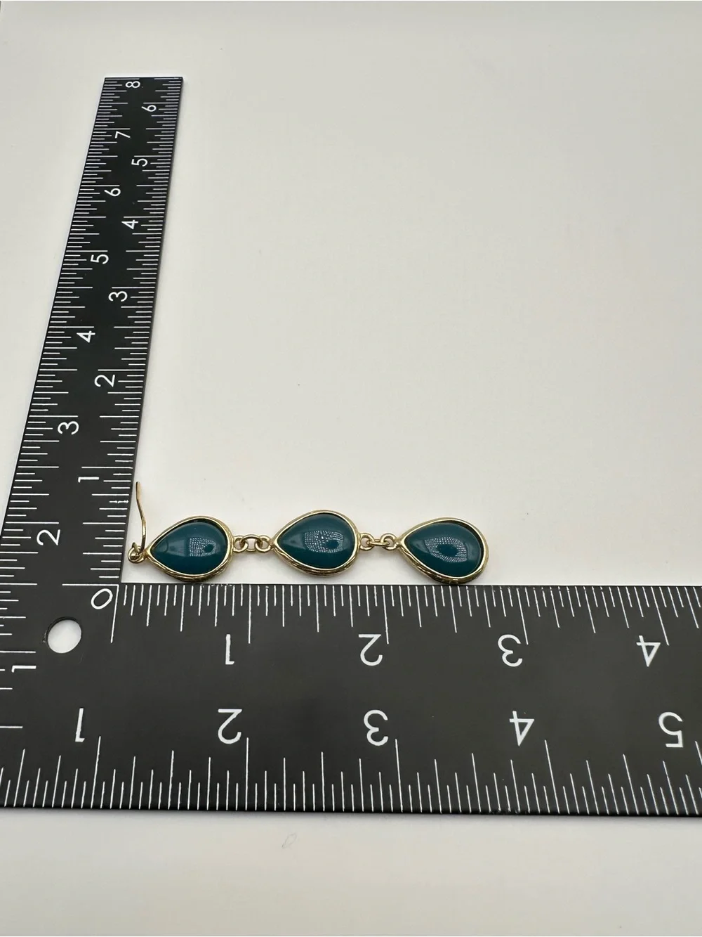 Vintage Gold Tone Dark Teal Navy Teardrop Triple Tier Dangle Drop Earrings